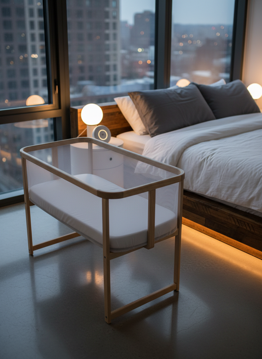 A neatly made bassinet with a breathable mesh side and a firm, flat mattress covered in a fitted white cotton sheet, placed beside a low-profile, modern platform bed in a small city apartment bedroom. A sound machine with a soft, circular LED indicator rests on a slim nightstand, its simple interface clearly visible. Warm, indirect lamplight creates gentle highlights on the mesh fabric and casts understated shadows along the floor. Captured from a slightly elevated angle with balanced composition, the scene emphasizes safety and accessibility. The photographic, clean aesthetic conveys a professional yet cozy environment designed for peaceful, uninterrupted baby sleep in an urban home.