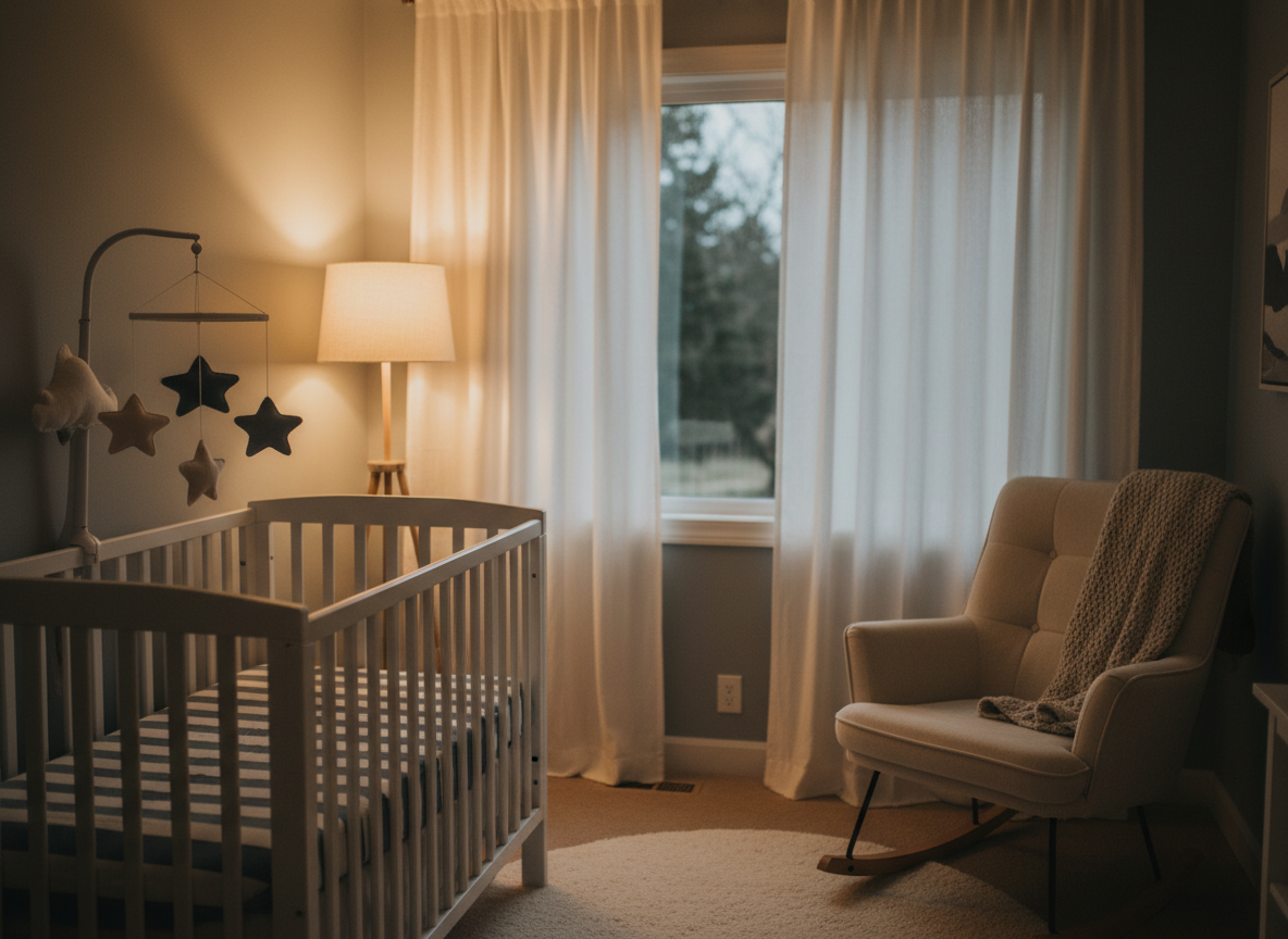 Soft, serene nursery scene at dusk with gentle warm lighting, a peaceful crib near a softly curtained window, muted neutral tones of slate blue-gray and soft cream, calm and cozy atmosphere, no people, professional lifestyle photography, shallow depth of field